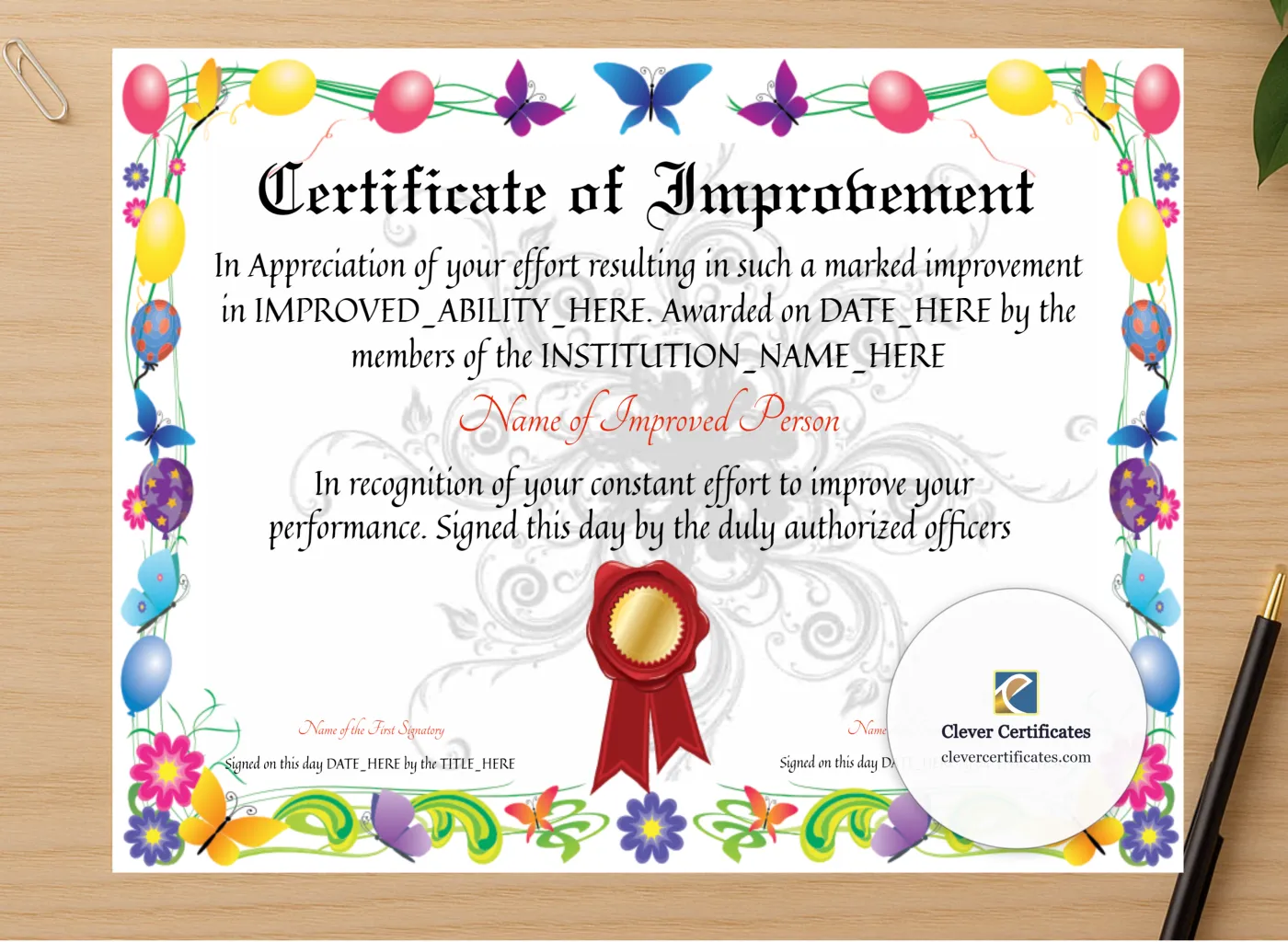 Professional preview of Certificate Of Improvement certificate on high-quality stationery paper, ideal for showcasing the final look.