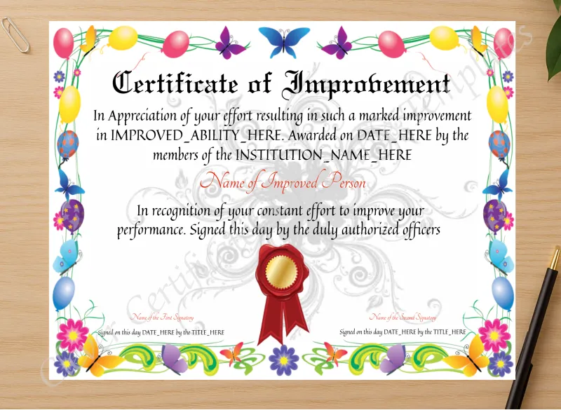 Professional preview of Certificate Of Improvement certificate on high-quality stationery paper, ideal for showcasing the final look.