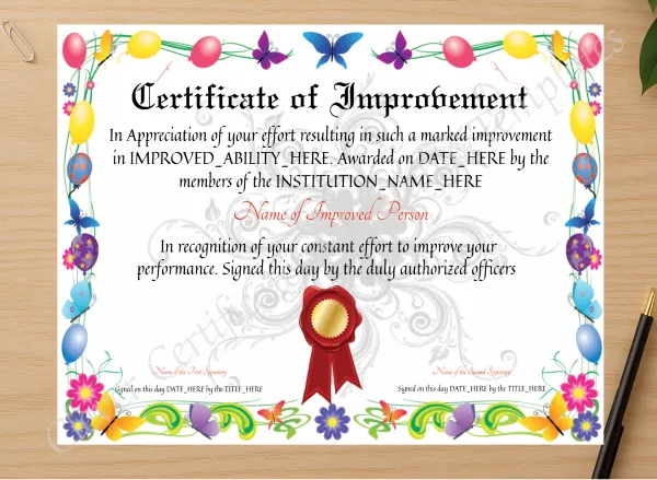 Professional preview of Certificate Of Improvement certificate on high-quality stationery paper, ideal for showcasing the final look.