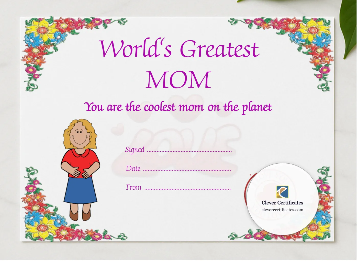 Worlds Greatest Mom presented in a sleek wooden frame, elegantly arranged on a stylish table.