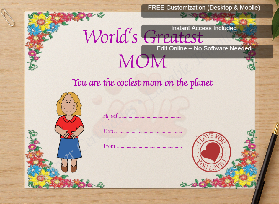 Zoomed preview with Free Editor badge stack for Worlds Greatest Mom