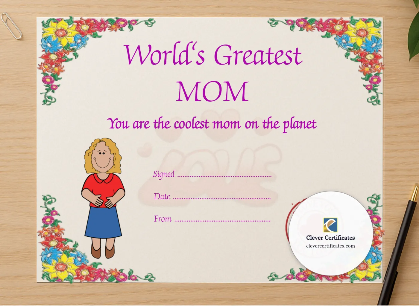 Professional preview of Worlds Greatest Mom certificate on high-quality stationery paper, ideal for showcasing the final look.