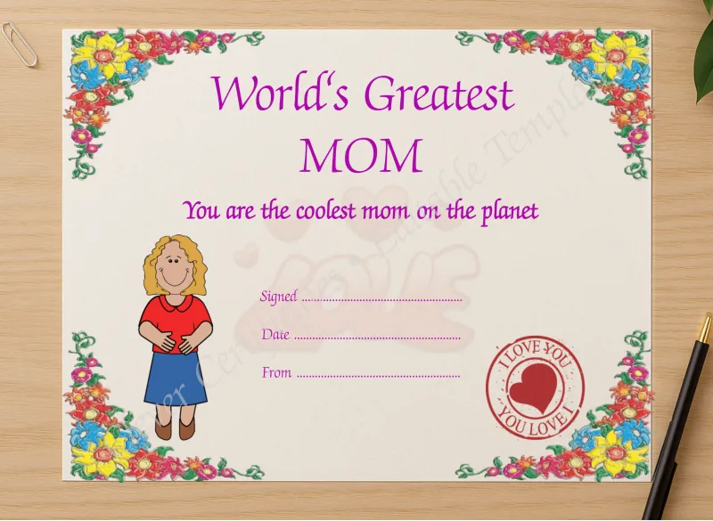 Professional preview of Worlds Greatest Mom certificate on high-quality stationery paper, ideal for showcasing the final look.