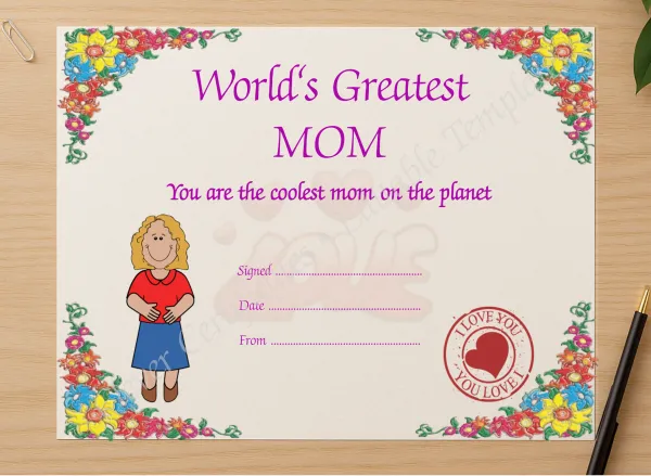 Professional preview of Worlds Greatest Mom certificate on high-quality stationery paper, ideal for showcasing the final look.