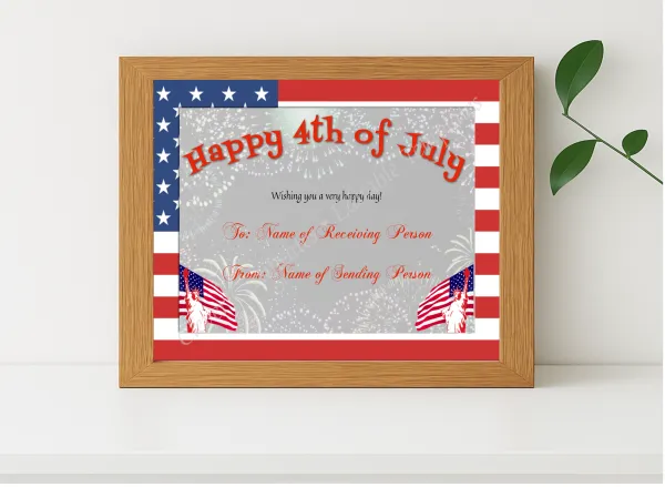 Realistic mockup featuring Happy 4th Of July displayed within a modern frame, set against a minimalistic background.