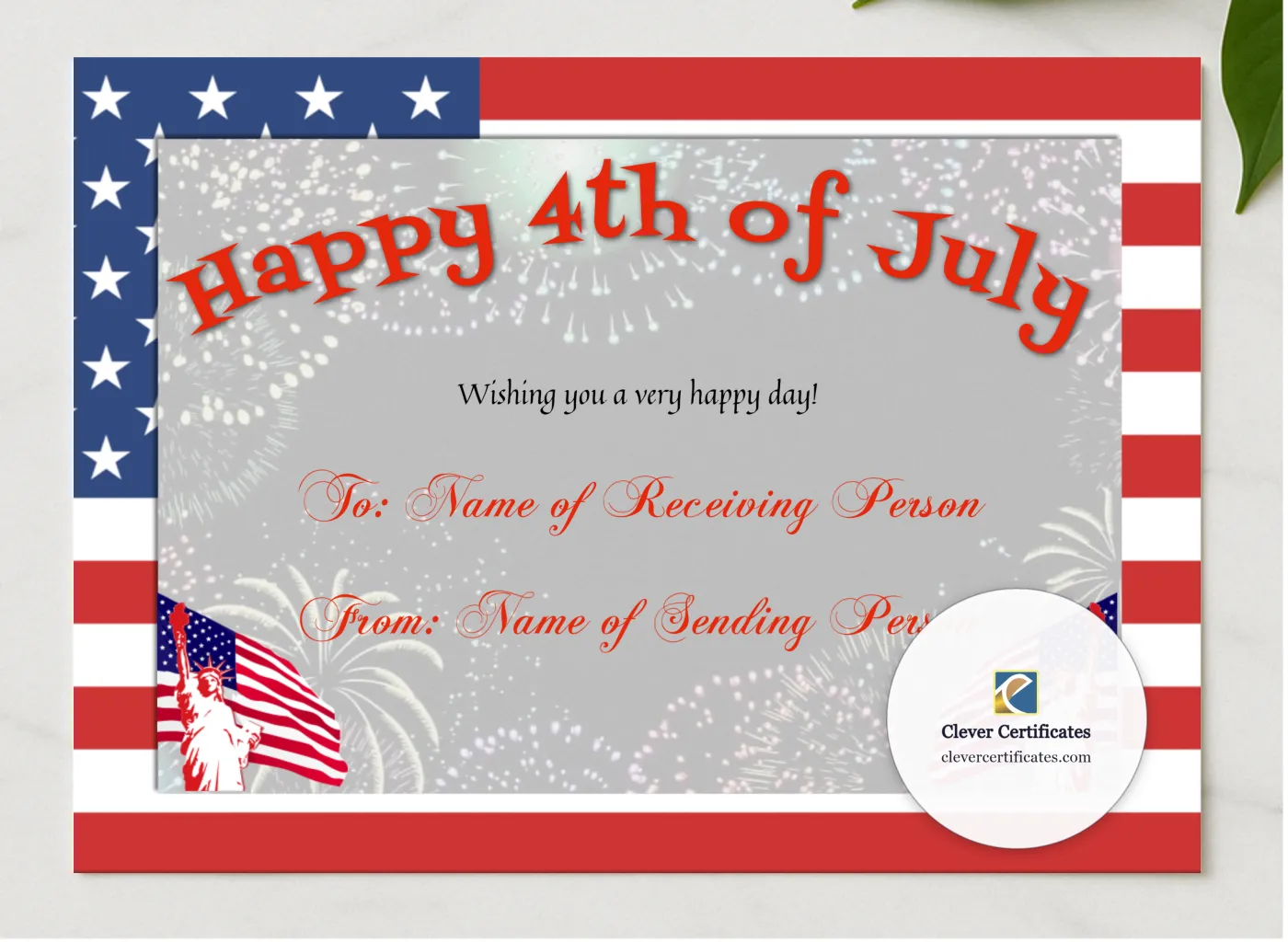Happy 4th Of July presented in a sleek wooden frame, elegantly arranged on a stylish table.
