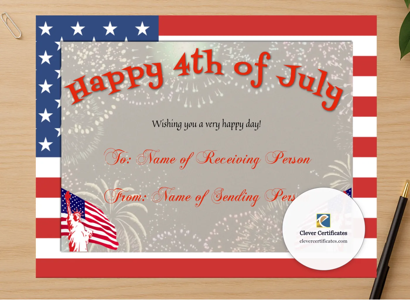 Professional preview of Happy 4th Of July certificate on high-quality stationery paper, ideal for showcasing the final look.