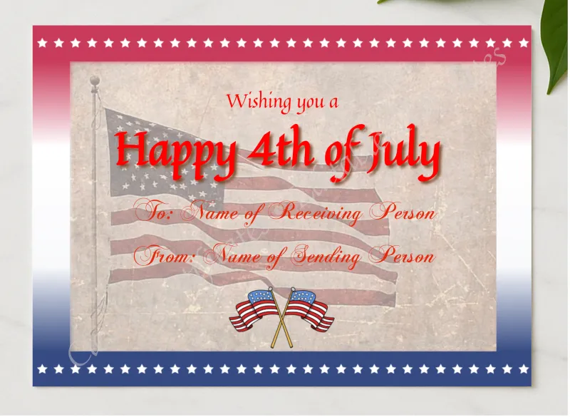 Happy 4th Of July Flag presented in a sleek wooden frame, elegantly arranged on a stylish table.