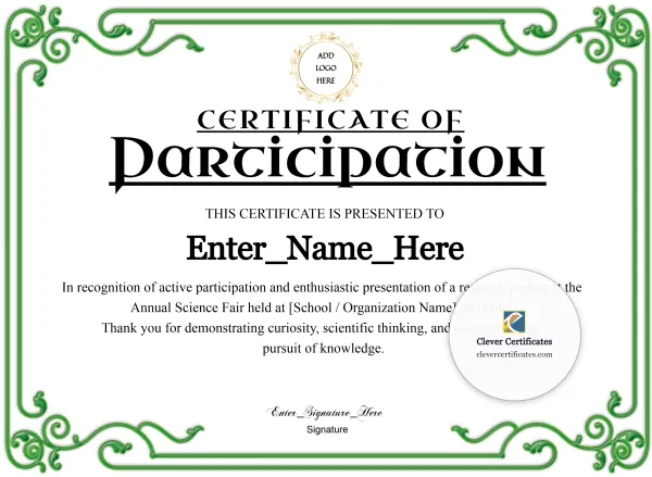 Free Certificate of Participation — Science Fair Green Landscape