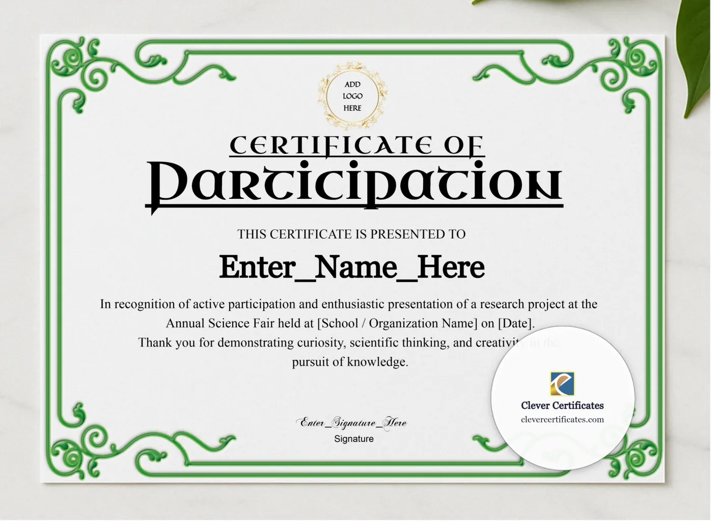 Certificate Of Participation Modern Landscape presented in a sleek wooden frame, elegantly arranged on a stylish table.