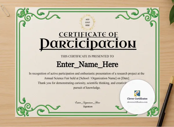 Professional preview of Certificate Of Participation Modern Landscape certificate on high-quality stationery paper, ideal for showcasing the final look.