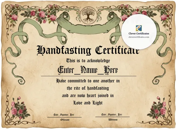 Free Handfasting Certificate — Vintage Rose Parchment Landscape