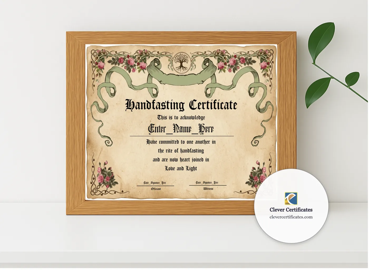 Realistic mockup featuring Handfasting Certificate Landscape displayed within a modern frame, set against a minimalistic background.
