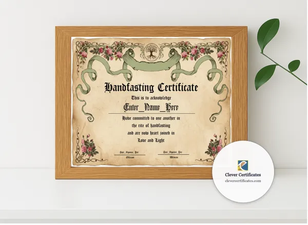 Realistic mockup featuring Handfasting Certificate Landscape displayed within a modern frame, set against a minimalistic background.
