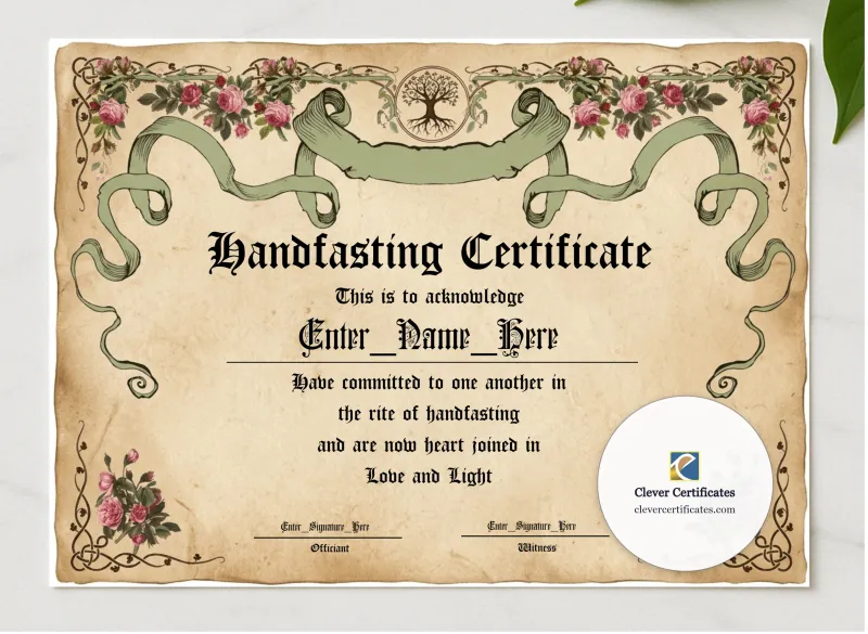 Handfasting Certificate Landscape presented in a sleek wooden frame, elegantly arranged on a stylish table.