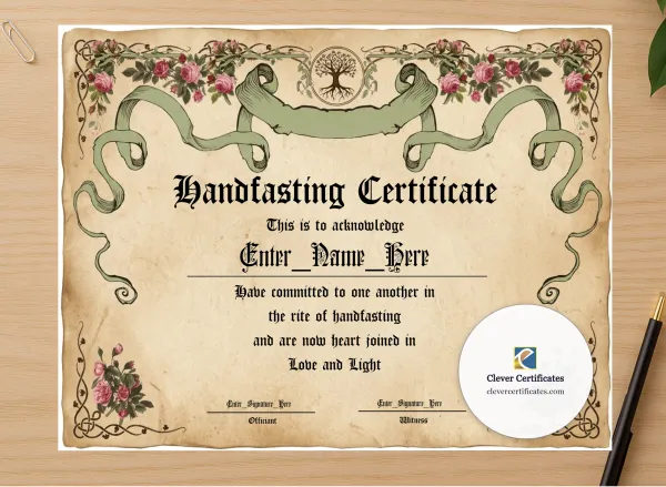 Professional preview of Handfasting Certificate Landscape certificate on high-quality stationery paper, ideal for showcasing the final look.