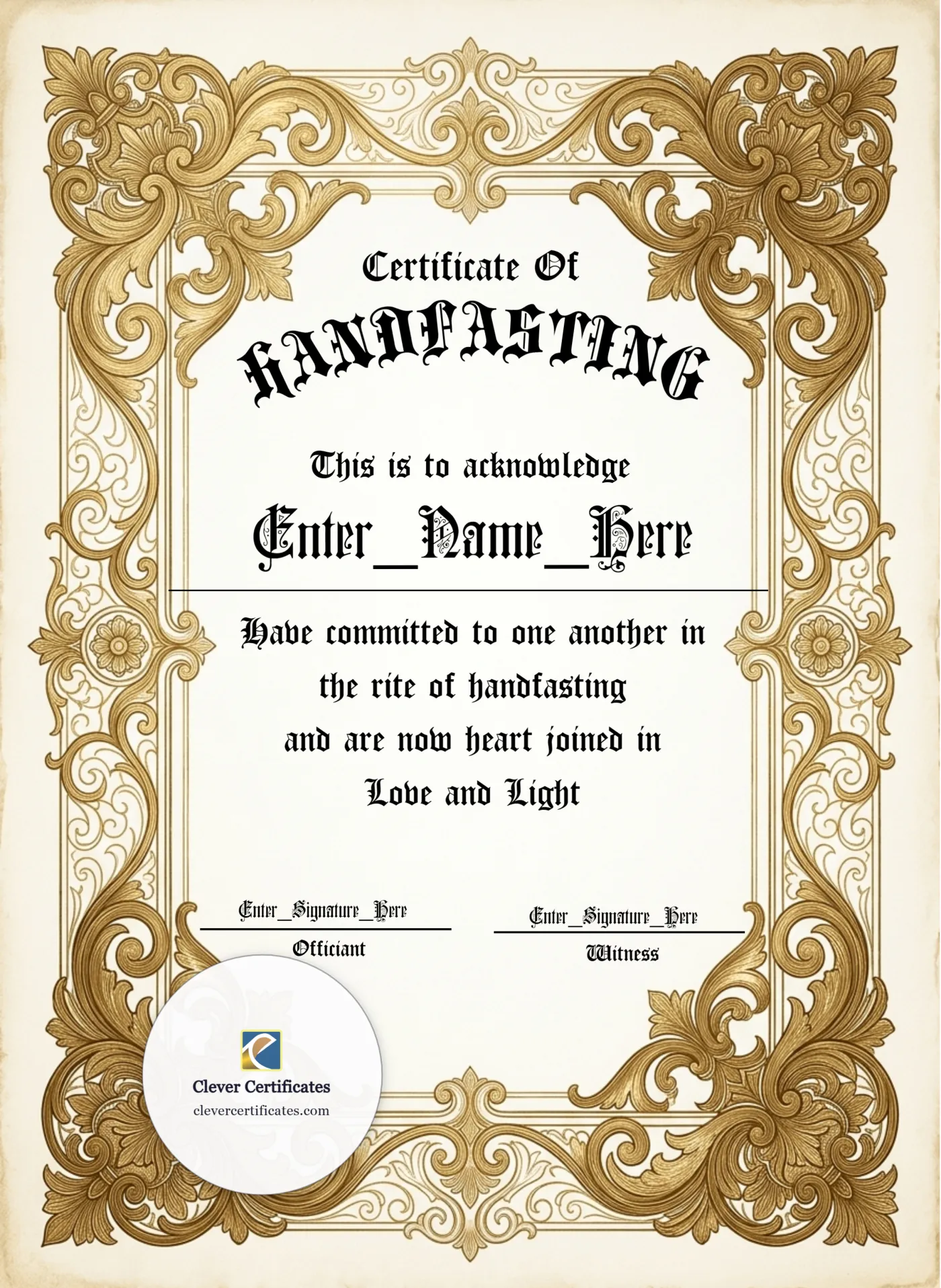 Handfasting Certificate Portrait — Certificate Template Preview