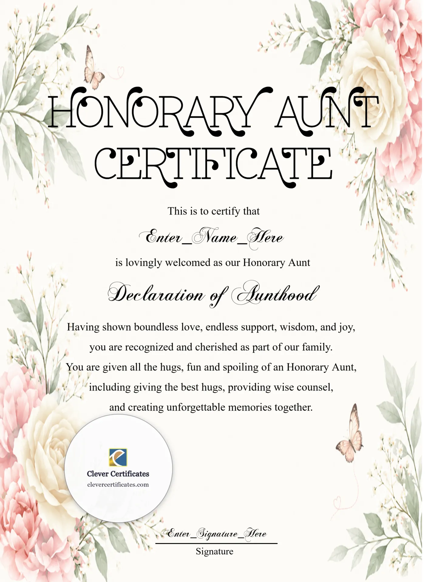 Honorary Aunt Certificate Portrait — Certificate Template Preview