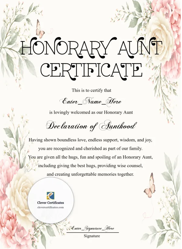 Free Honorary Aunt Certificate — Pink Floral Portrait