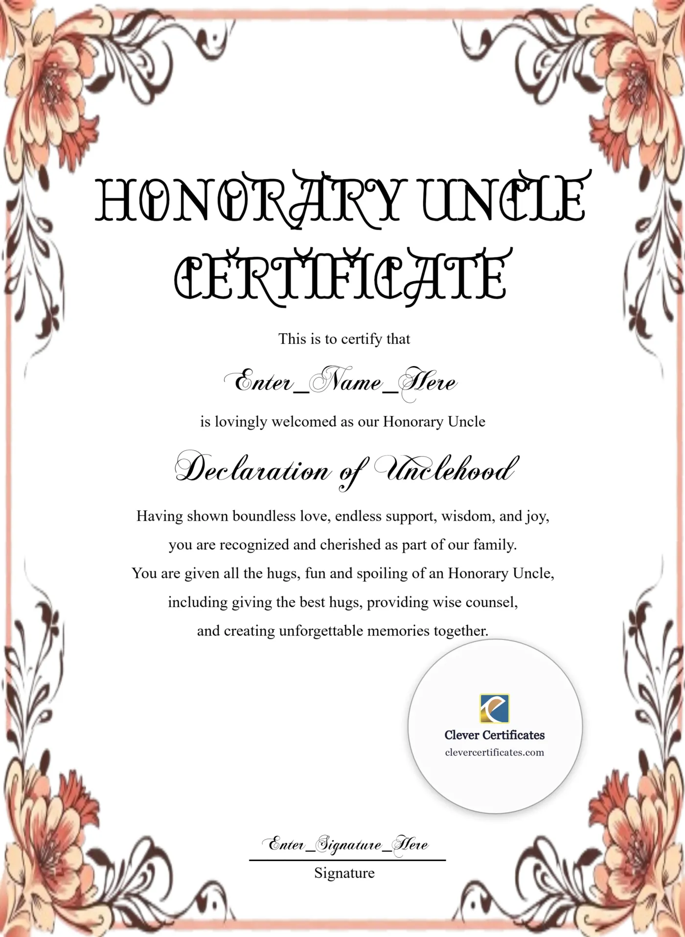 Honorary Uncle Certificate Portrait — Certificate Template Preview