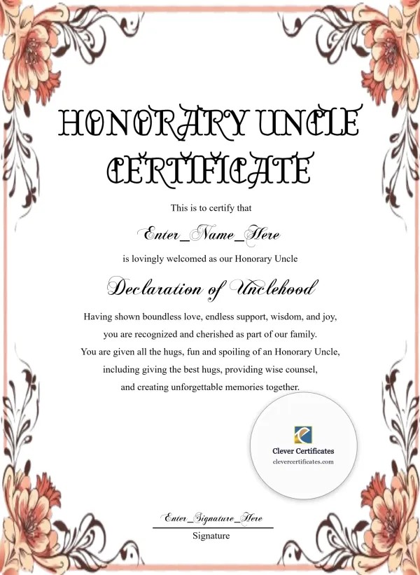 Honorary Uncle Certificate Portrait — Certificate Template Preview