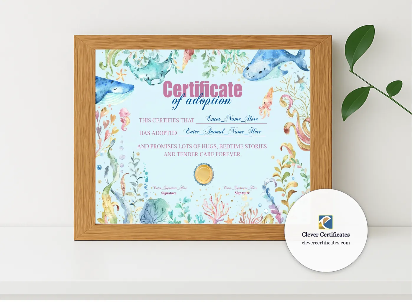 Realistic mockup featuring Stuffed Animal Adoption Certificate Landscape displayed within a modern frame, set against a minimalistic background.