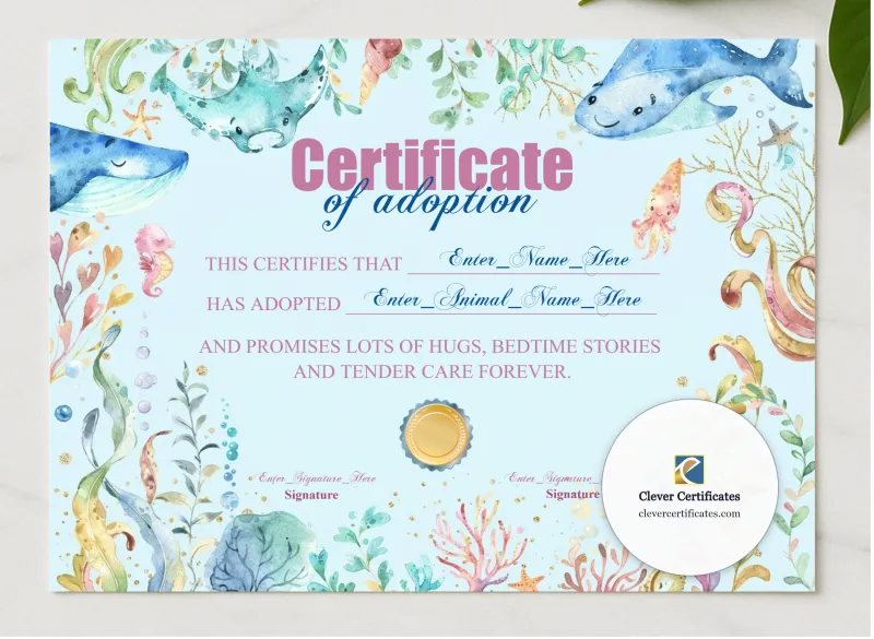 Stuffed Animal Adoption Certificate Landscape presented in a sleek wooden frame, elegantly arranged on a stylish table.