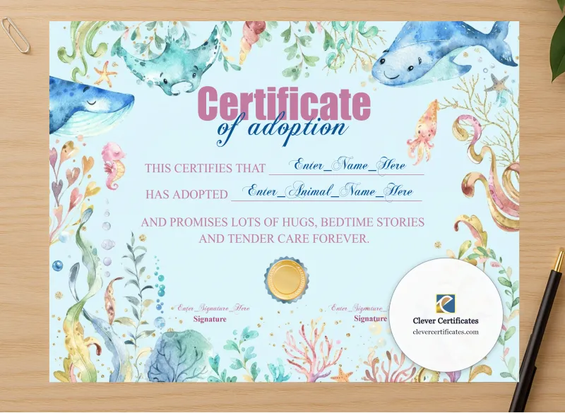 Professional preview of Stuffed Animal Adoption Certificate Landscape certificate on high-quality stationery paper, ideal for showcasing the final look.