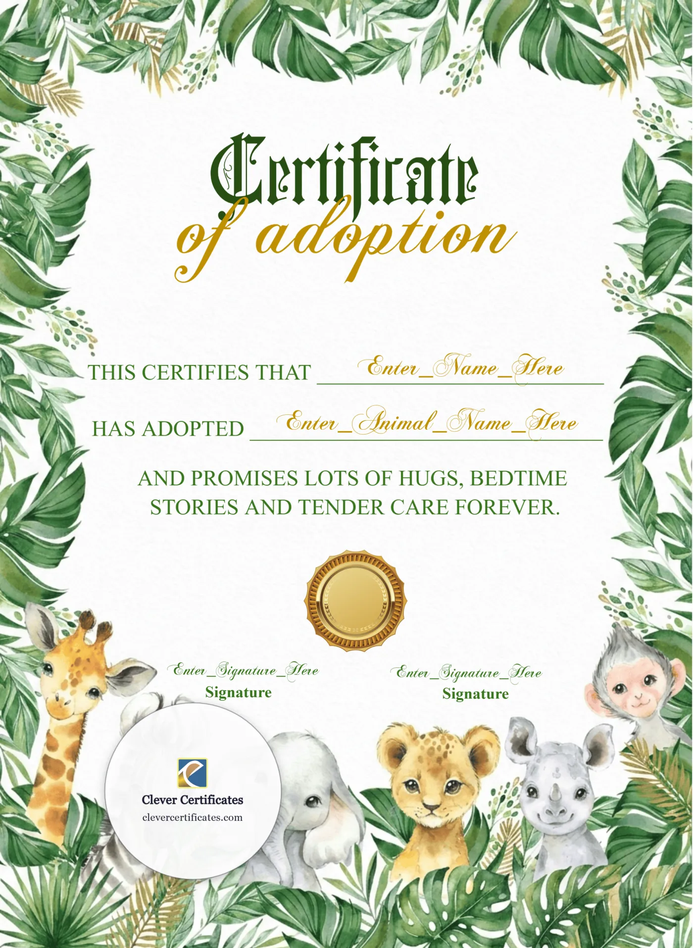Stuffed Animal Adoption Certificate Portrait — Certificate Template Preview