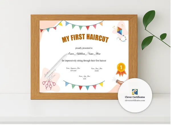 Realistic mockup featuring First Haircut Certificate Landscape displayed within a modern frame, set against a minimalistic background.