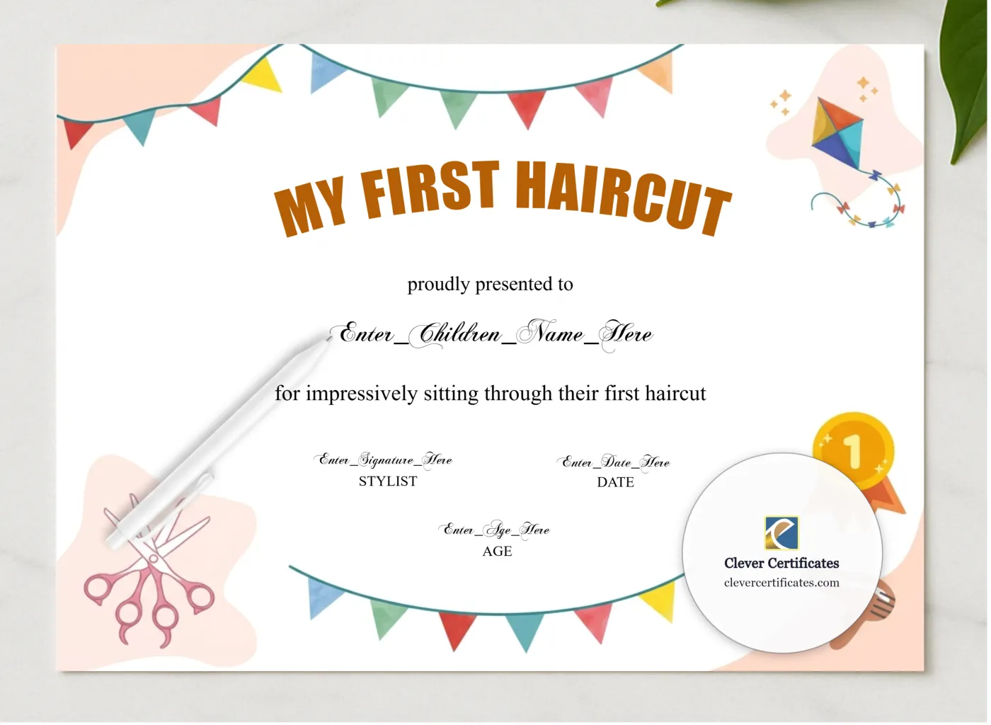First Haircut Certificate Landscape presented in a sleek wooden frame, elegantly arranged on a stylish table.