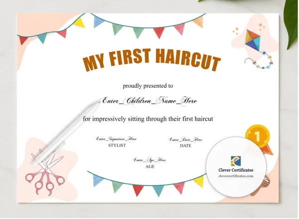 First Haircut Certificate Landscape presented in a sleek wooden frame, elegantly arranged on a stylish table.