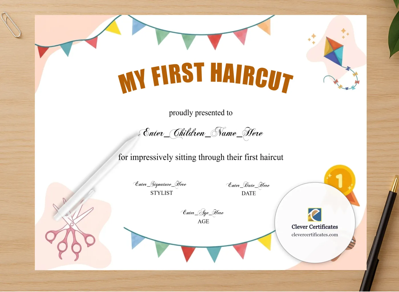 Professional preview of First Haircut Certificate Landscape certificate on high-quality stationery paper, ideal for showcasing the final look.