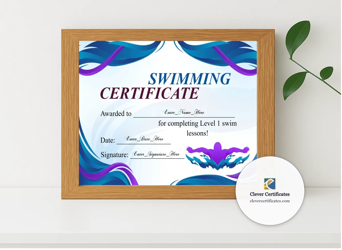 Realistic mockup featuring Swim Level Certificate Landscape displayed within a modern frame, set against a minimalistic background.