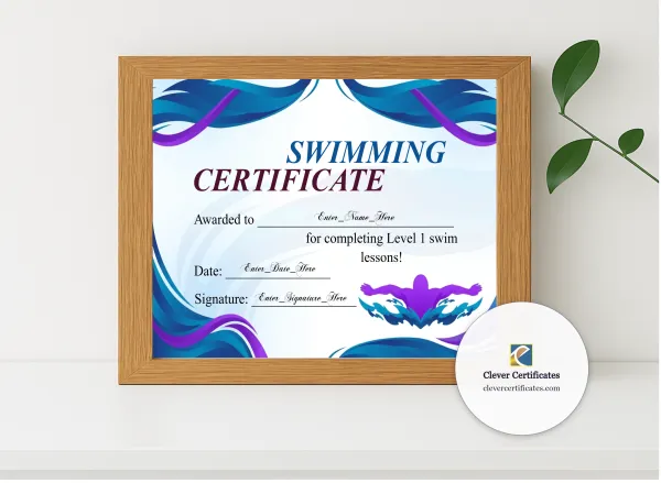 Realistic mockup featuring Swim Level Certificate Landscape displayed within a modern frame, set against a minimalistic background.