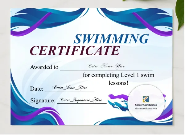 Swim Level Certificate Landscape presented in a sleek wooden frame, elegantly arranged on a stylish table.