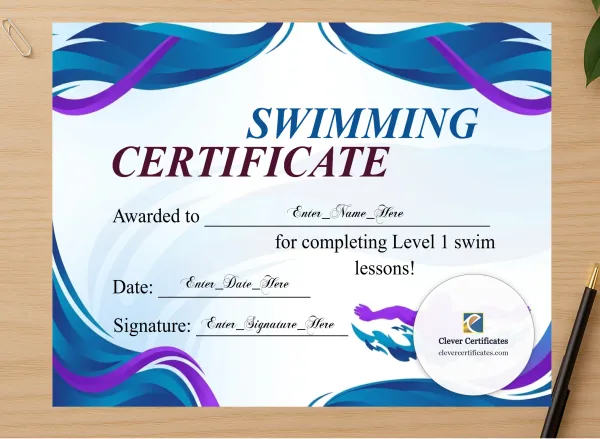 Professional preview of Swim Level Certificate Landscape certificate on high-quality stationery paper, ideal for showcasing the final look.