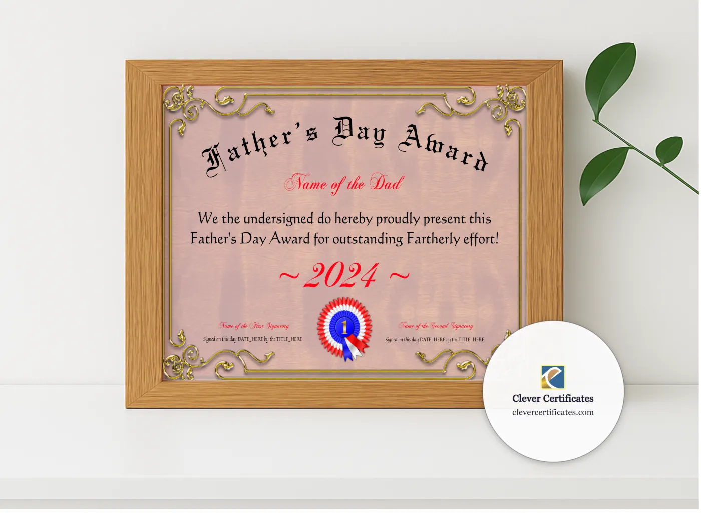 Realistic mockup featuring Fathers Day Award displayed within a modern frame, set against a minimalistic background.