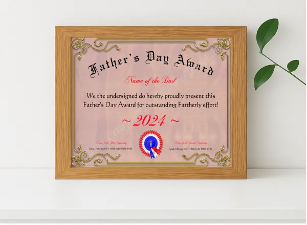Realistic mockup featuring Fathers Day Award displayed within a modern frame, set against a minimalistic background.