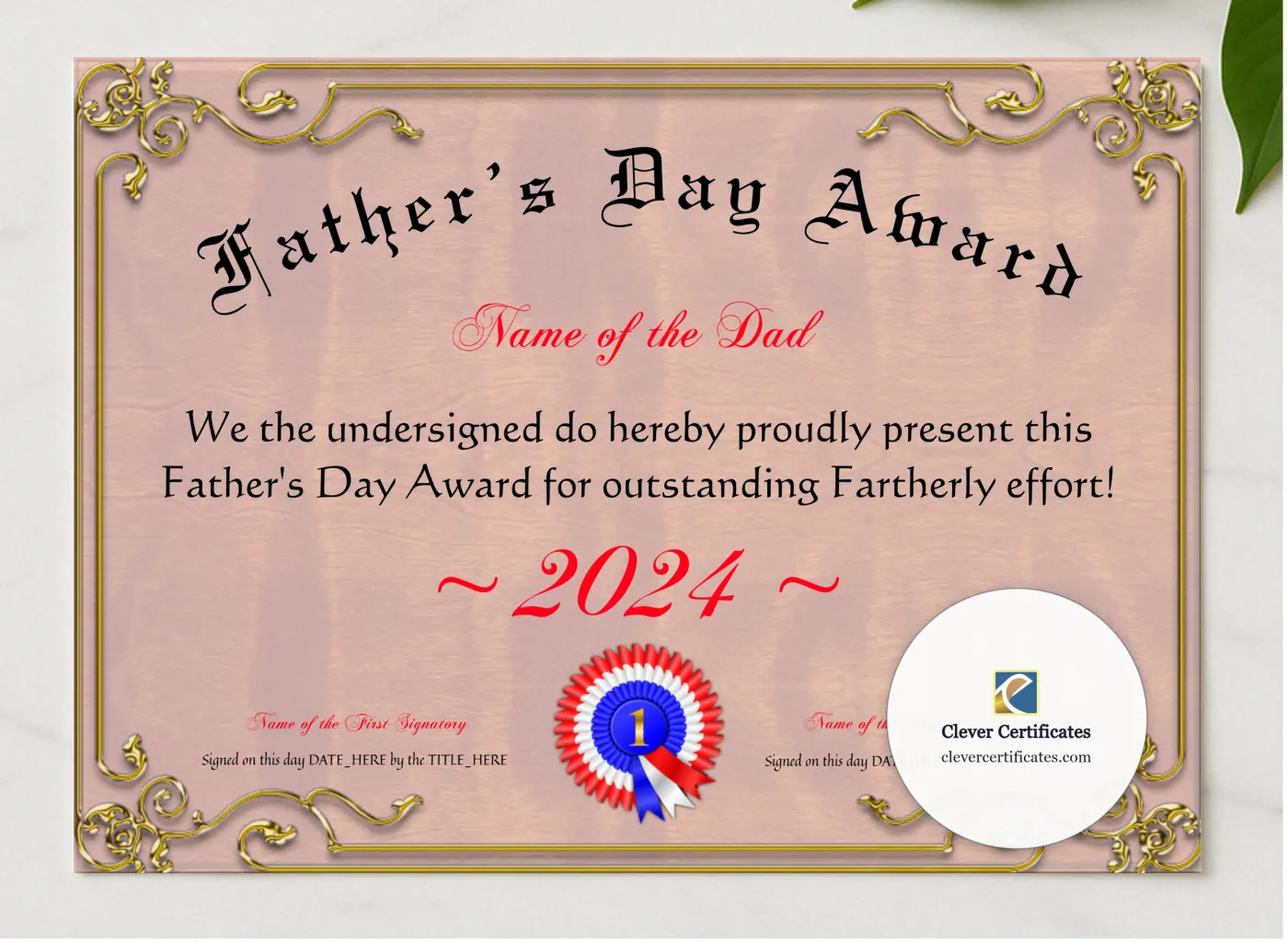 Fathers Day Award presented in a sleek wooden frame, elegantly arranged on a stylish table.