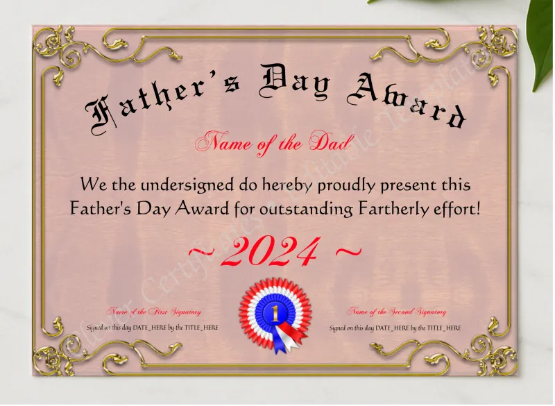 Fathers Day Award presented in a sleek wooden frame, elegantly arranged on a stylish table.