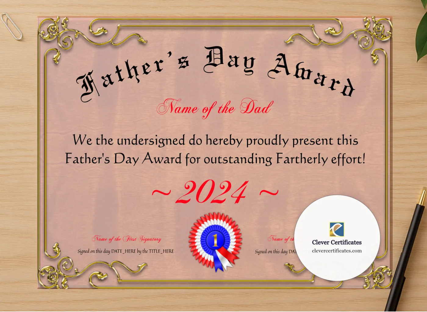 Professional preview of Fathers Day Award certificate on high-quality stationery paper, ideal for showcasing the final look.