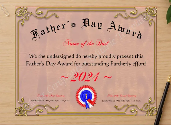 Professional preview of Fathers Day Award certificate on high-quality stationery paper, ideal for showcasing the final look.