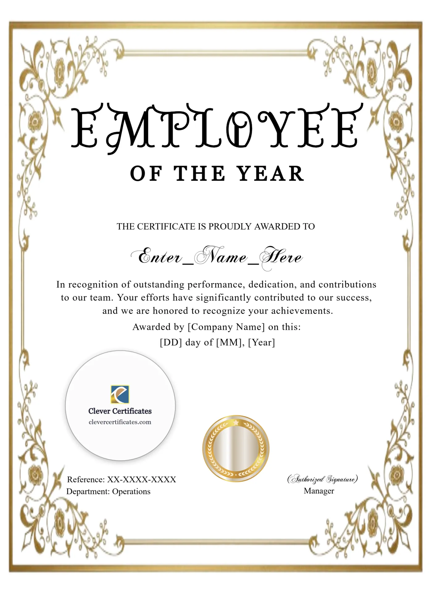 Employee Of The Year Certificate Classic Gold Portrait — Certificate Template Preview