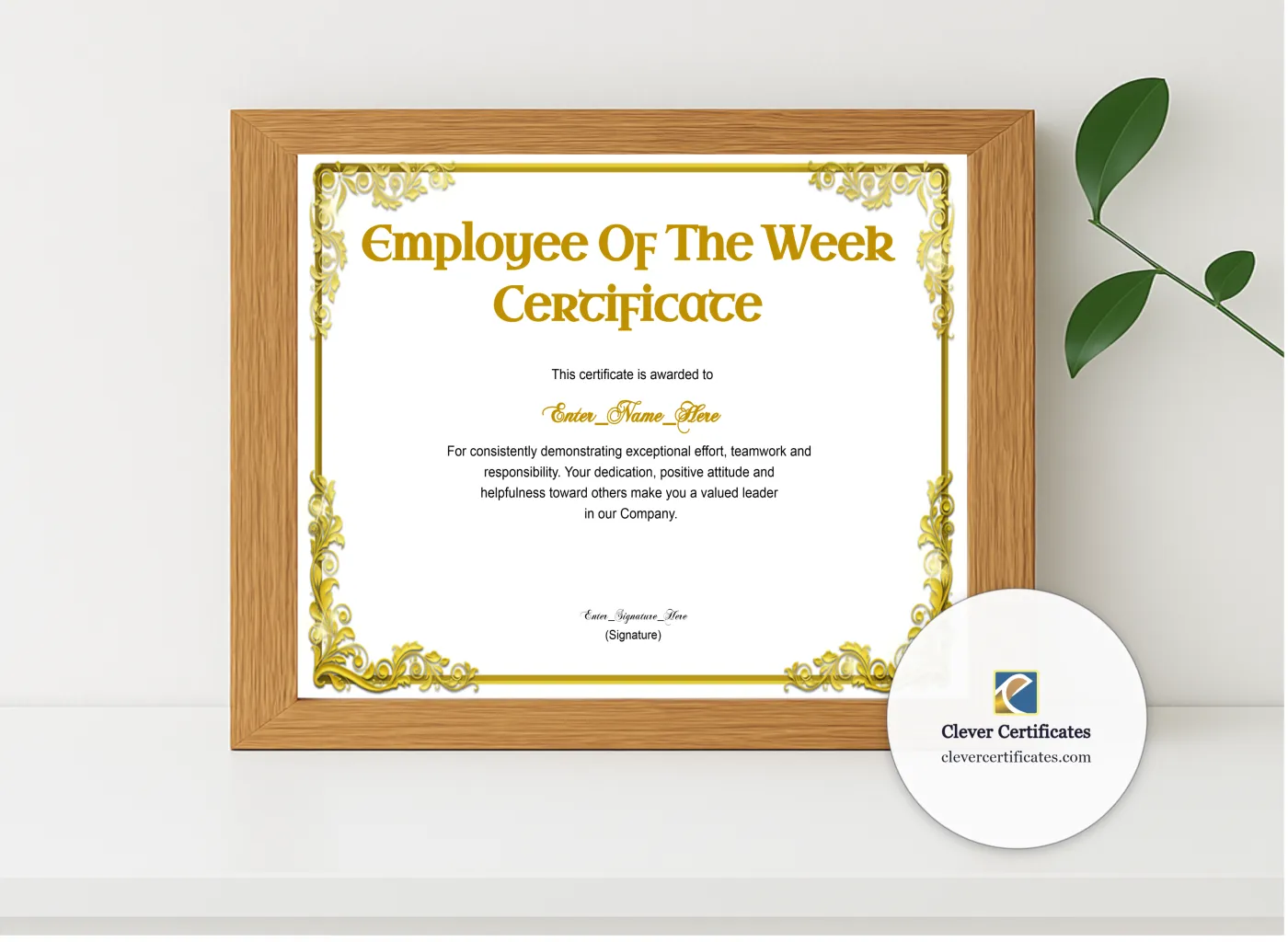 Realistic mockup featuring Employee Of The Week Classic Gold Landscape displayed within a modern frame, set against a minimalistic background.
