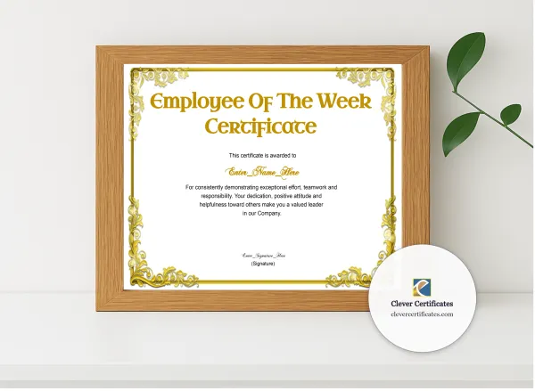 Realistic mockup featuring Employee Of The Week Classic Gold Landscape displayed within a modern frame, set against a minimalistic background.
