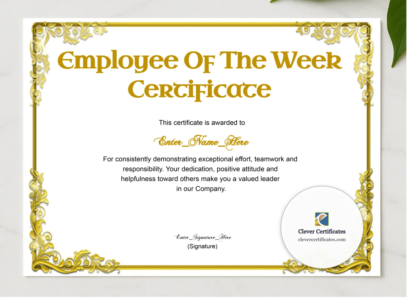 Employee Of The Week Classic Gold Landscape presented in a sleek wooden frame, elegantly arranged on a stylish table.