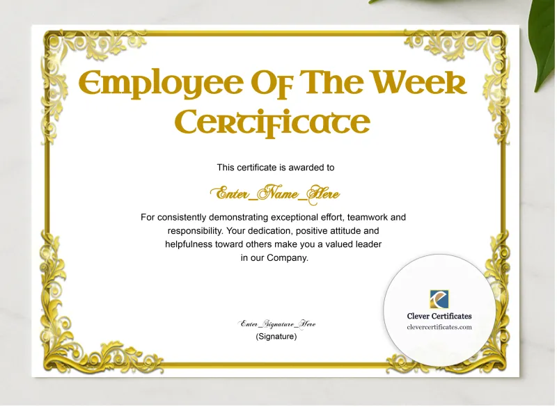 Employee Of The Week Classic Gold Landscape presented in a sleek wooden frame, elegantly arranged on a stylish table.