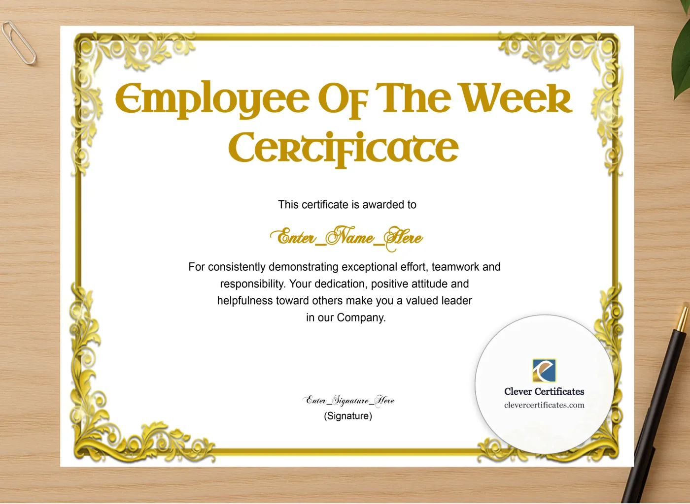 Professional preview of Employee Of The Week Classic Gold Landscape certificate on high-quality stationery paper, ideal for showcasing the final look.