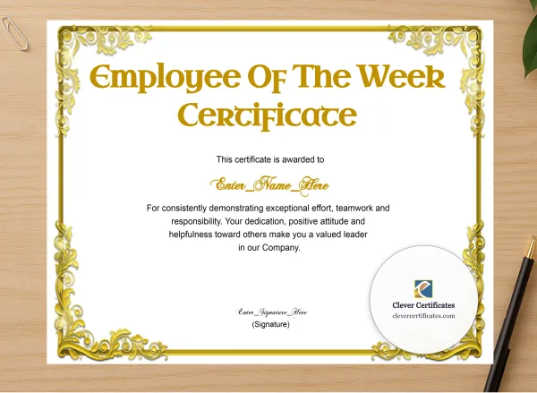 Professional preview of Employee Of The Week Classic Gold Landscape certificate on high-quality stationery paper, ideal for showcasing the final look.